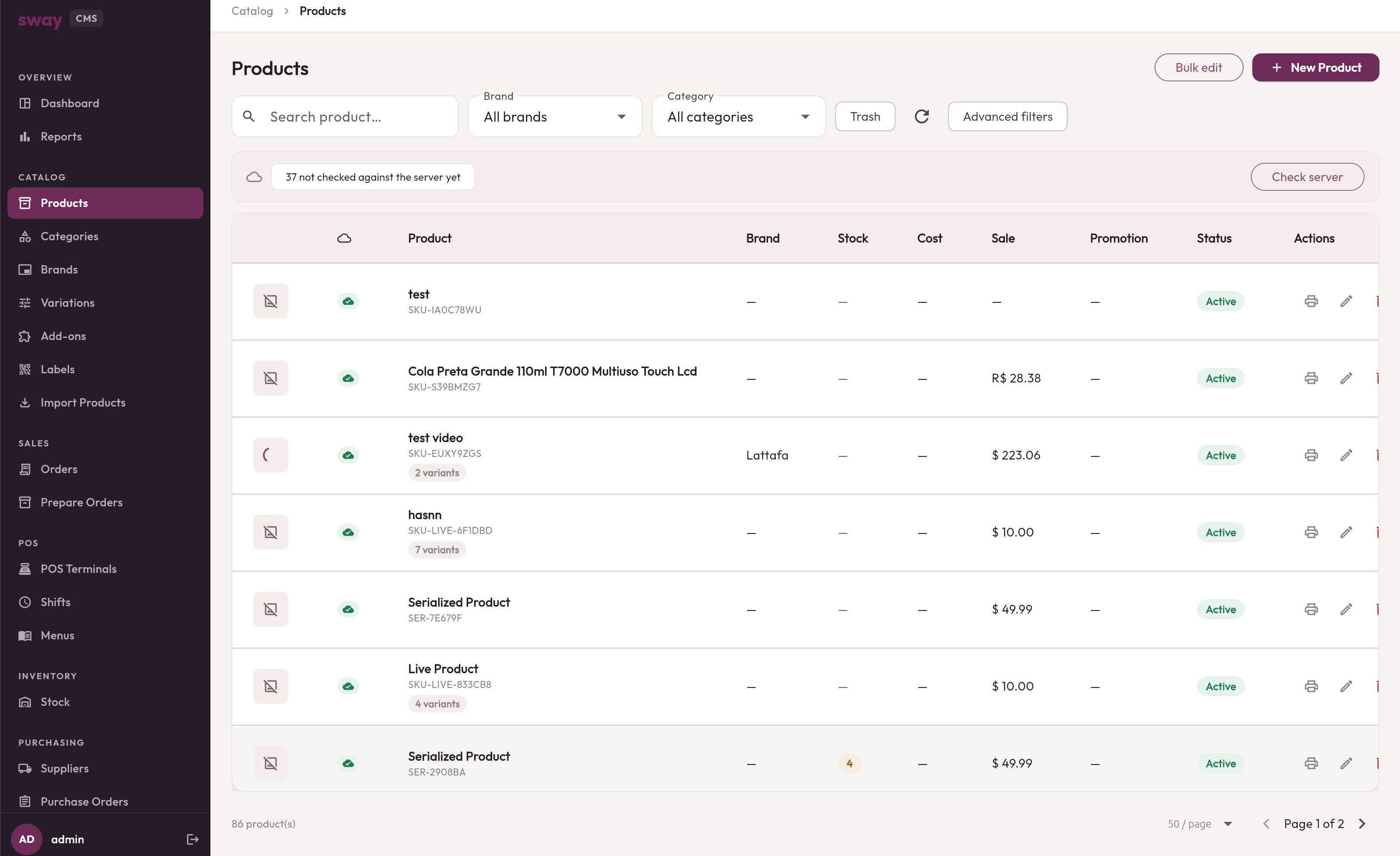 The Sway product catalogue listing products, brands and stock