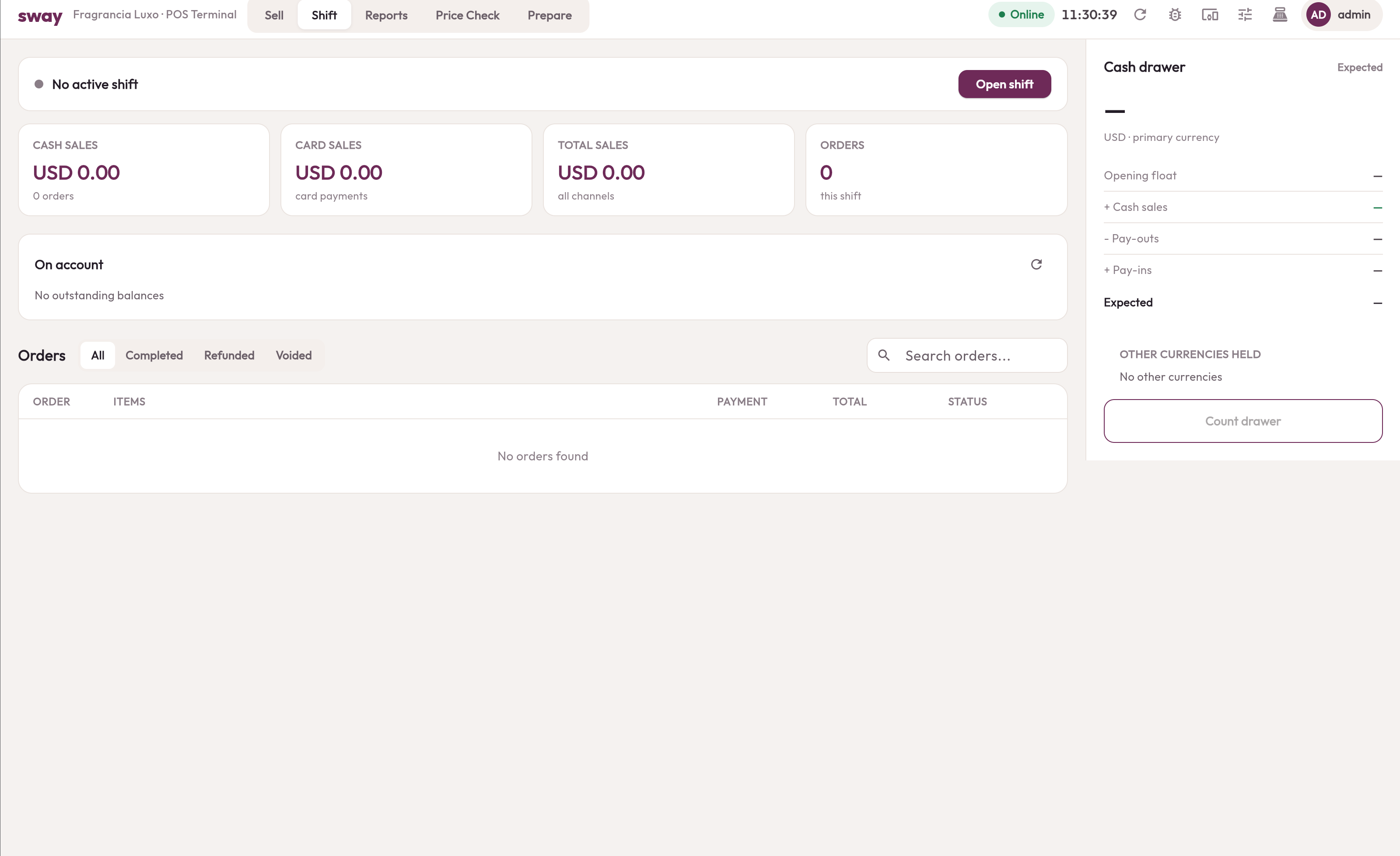 The Sway register: shift totals, cash drawer and the day's orders